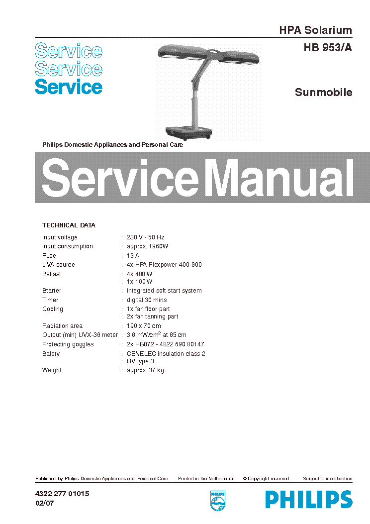PHILIPS HB-953A SOLARIUM service manual (1st page)
