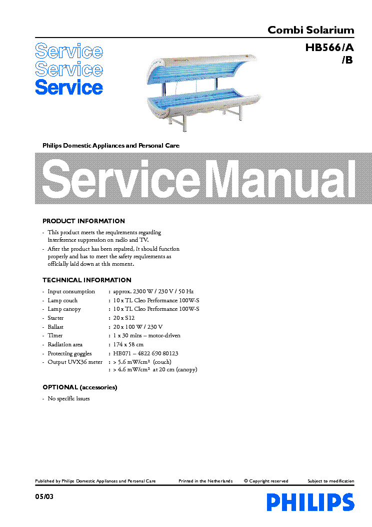 PHILIPS HB566-A HB566-B COMBI SOLARIUM service manual (1st page)