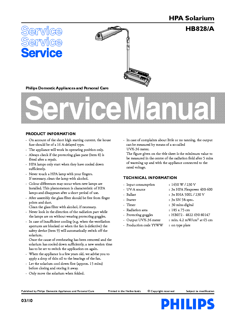 PHILIPS HB828-A HPA SOLARIUM service manual