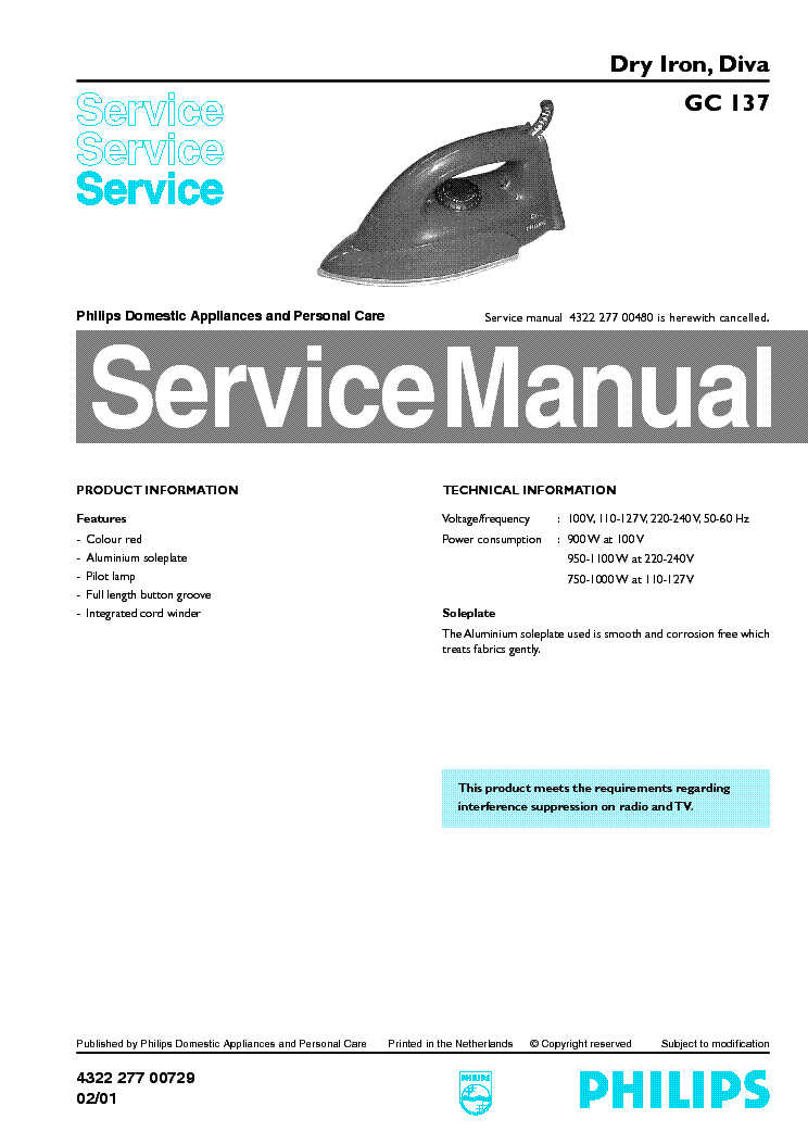 PHILIPS GC137 Service Manual download, schematics, eeprom, repair