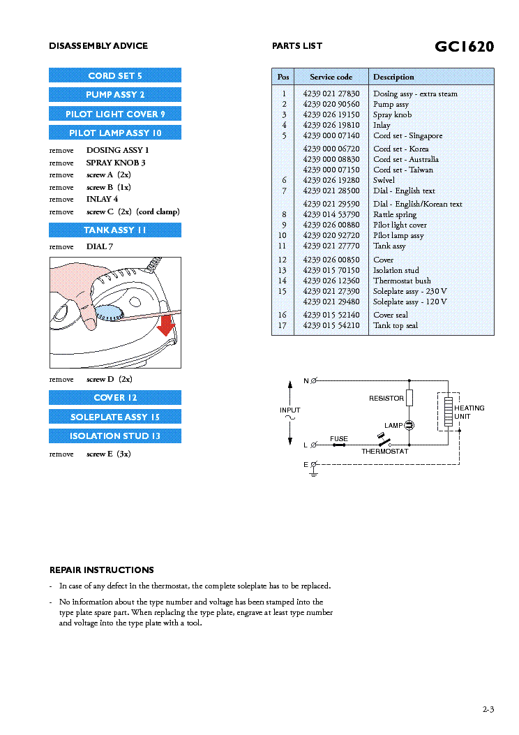PHILIPS GC1620 Service Manual download, schematics, eeprom, repair info