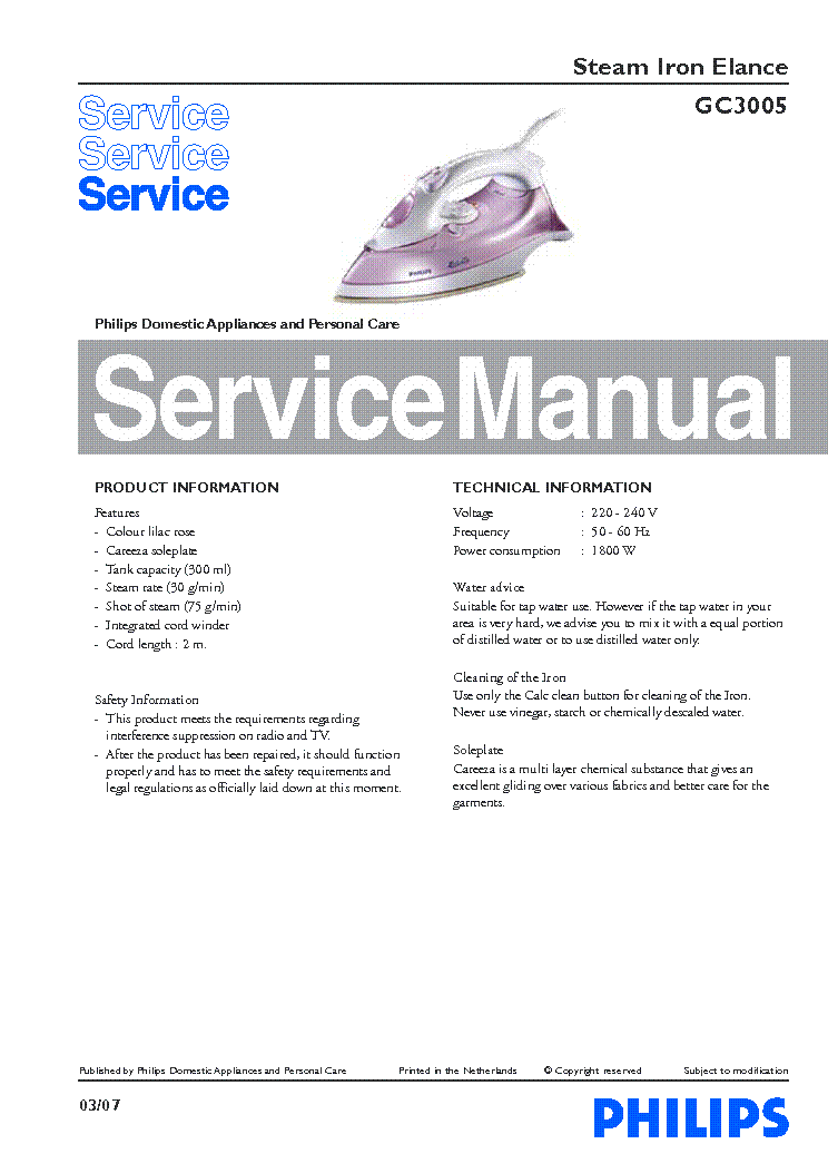 PHILIPS GC3005 SM service manual (1st page)
