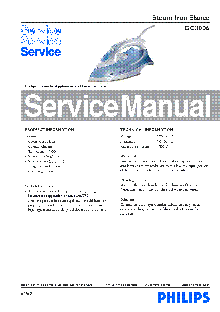 PHILIPS GC3006 SM service manual (1st page)