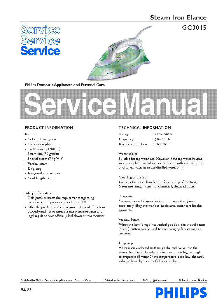 PHILIPS GC3015 SM service manual (1st page)