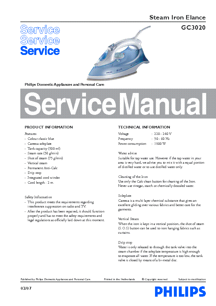 PHILIPS GC3020 SM service manual (1st page)