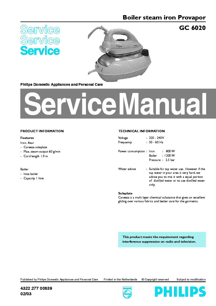 PHILIPS GC6020 SM service manual (1st page)