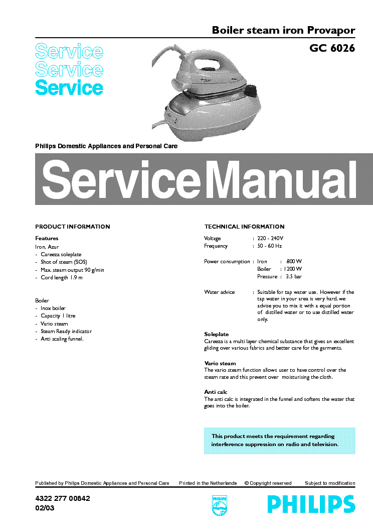 PHILIPS GC6026 SM service manual (1st page)