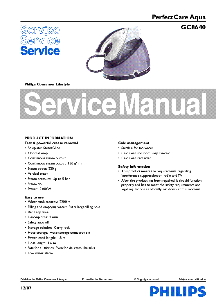 PHILIPS GC8640 service manual (1st page)