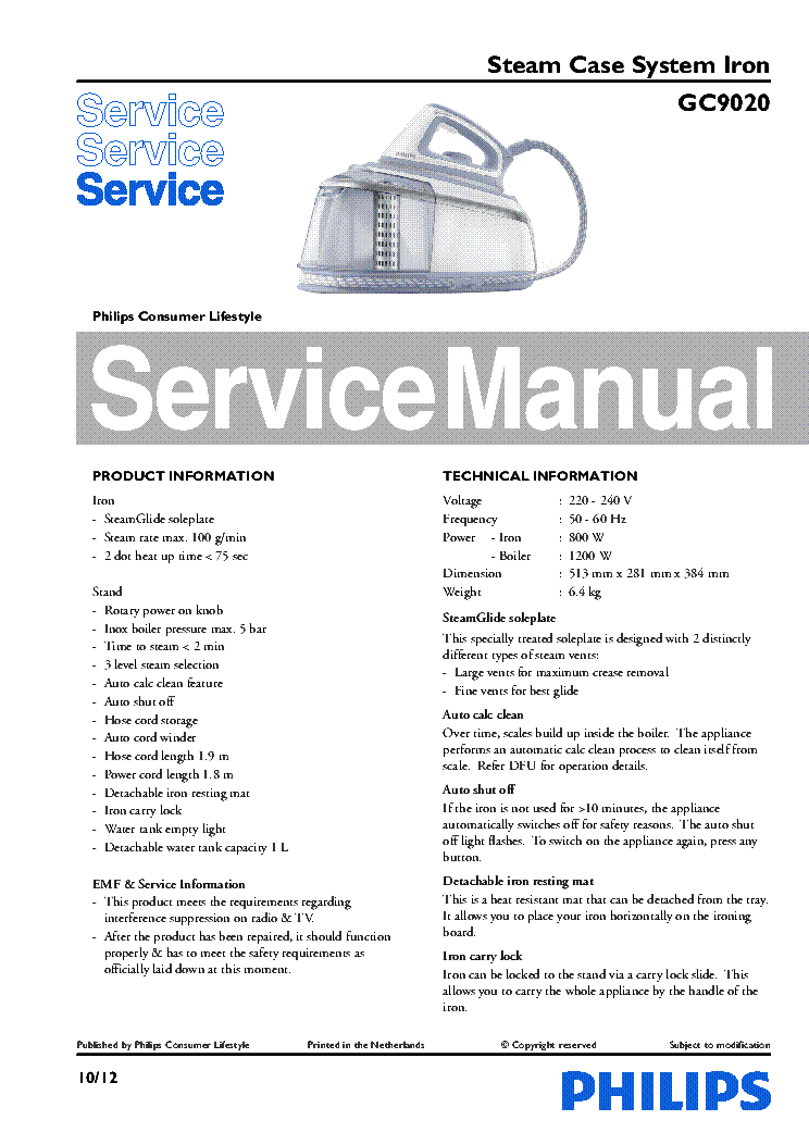 PHILIPS GC9020 Service Manual download, schematics, eeprom, repair info