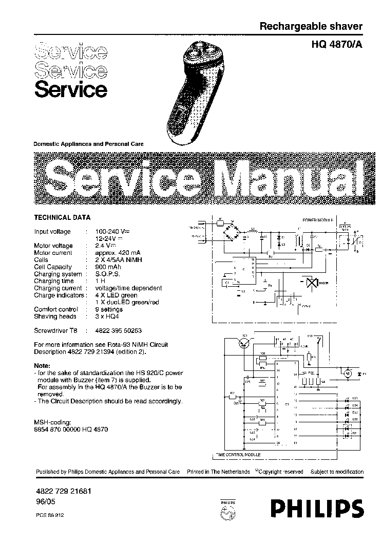 PHILIPS HQ4870A RECHARGEABLE SHAVER service manual (1st page)