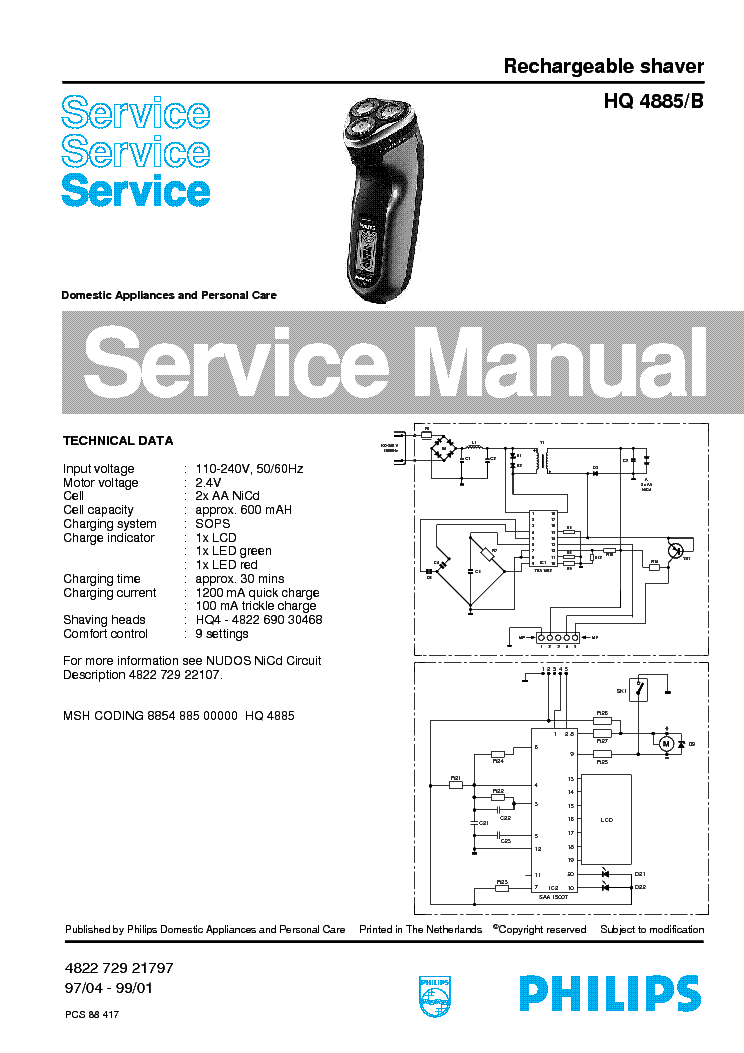 PHILIPS HQ4885B RECHARGEABLE SHAVER service manual (1st page)