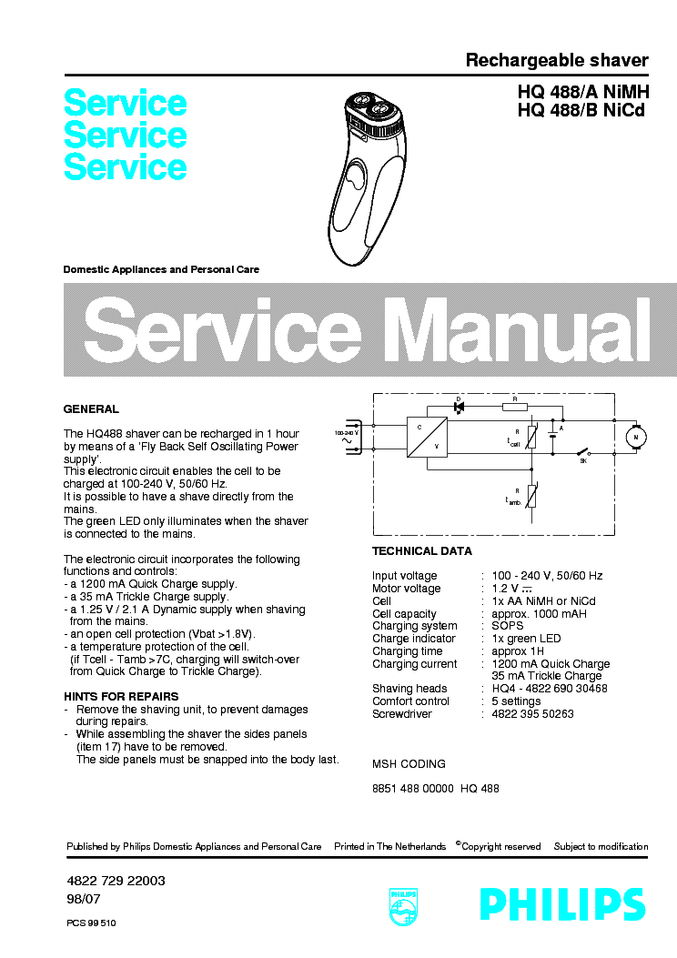 PHILIPS HQ488A HQ488B RECHARGEABLE SHAVER service manual (1st page)
