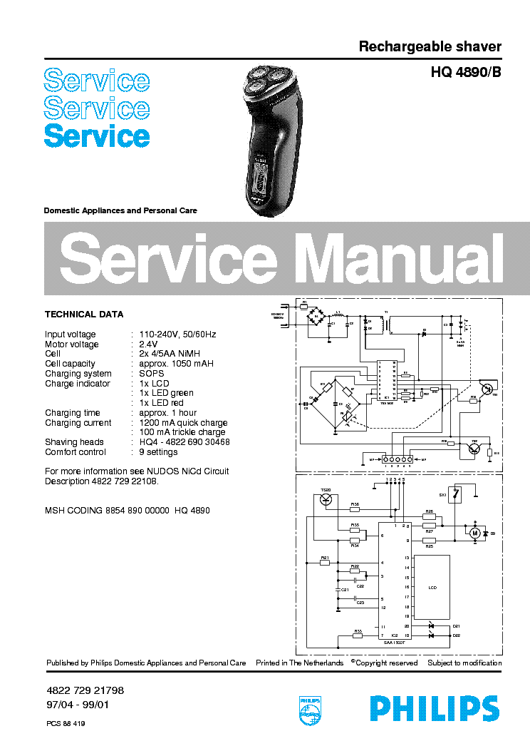 PHILIPS HQ4890B RECHARGEABLE SHAVER service manual (1st page)