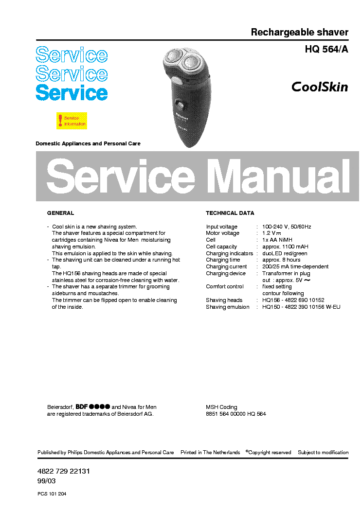 PHILIPS HQ564A RECHARGEABLE SHAVER service manual (1st page)