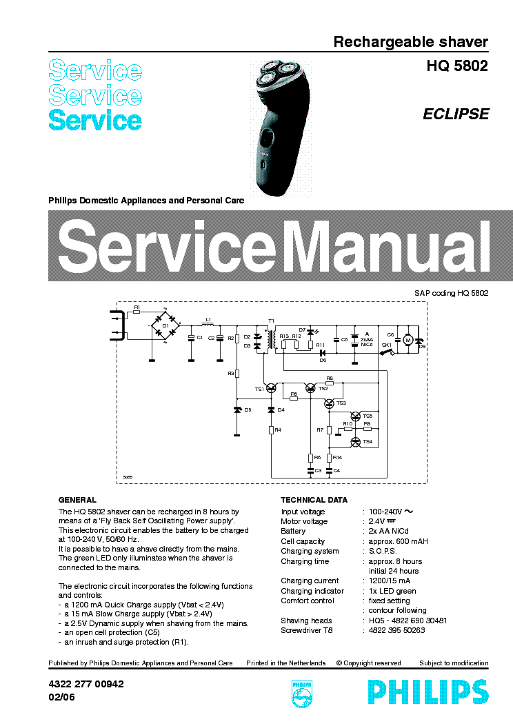 PHILIPS HQ5802 RECHARGEABLE SHAVER service manual (1st page)