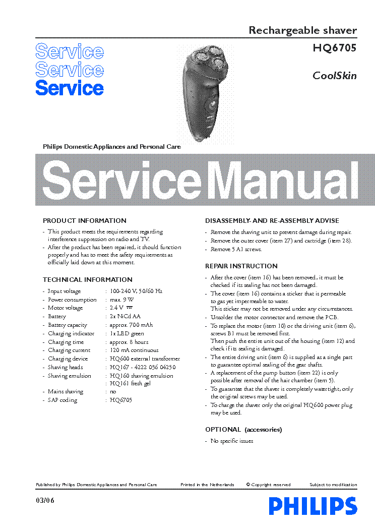 PHILIPS HQ6705 COOLSKIN RECHARGEABLE SHAVER service manual (1st page)