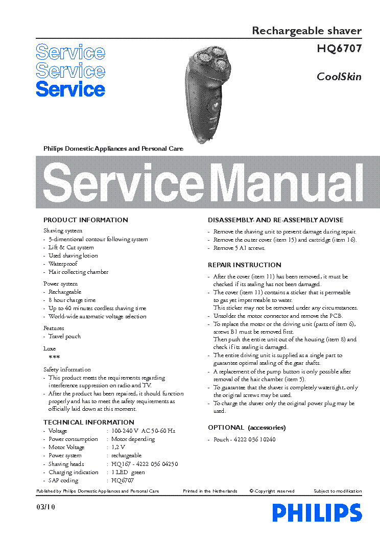 PHILIPS HQ6707 COOLSKIN RECHARGEABLE SHAVER service manual (1st page)