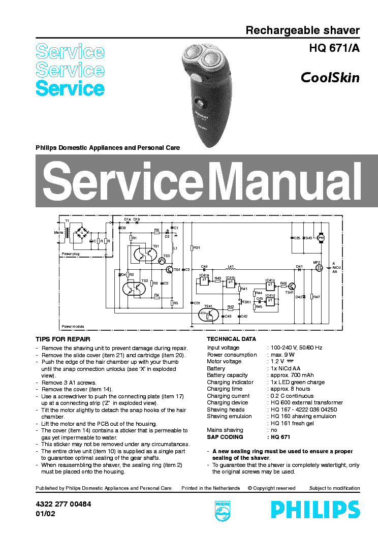 PHILIPS HQ671-A COOLSKIN RECHARGEABLE SHAVER service manual (1st page)