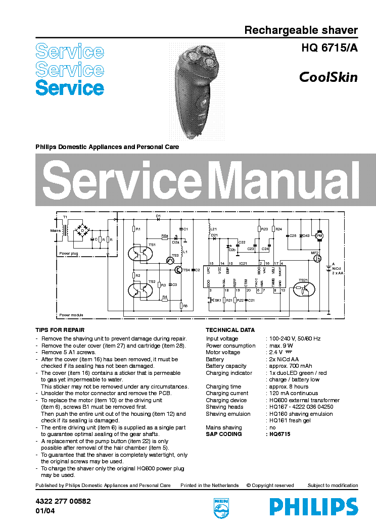 PHILIPS HQ6715 COOLSKIN RECHARGEABLE SHAVER service manual (1st page)