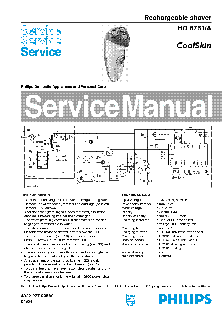 PHILIPS HQ6761A COOLSKIN RECHARGEABLE SHAVER service manual (1st page)