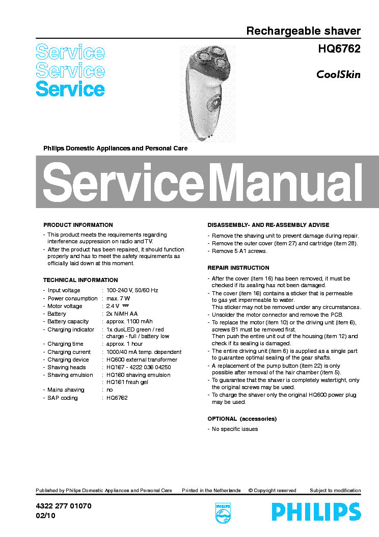 PHILIPS HQ6762 COOLSKIN RECHARGEABLE SHAVER service manual (1st page)