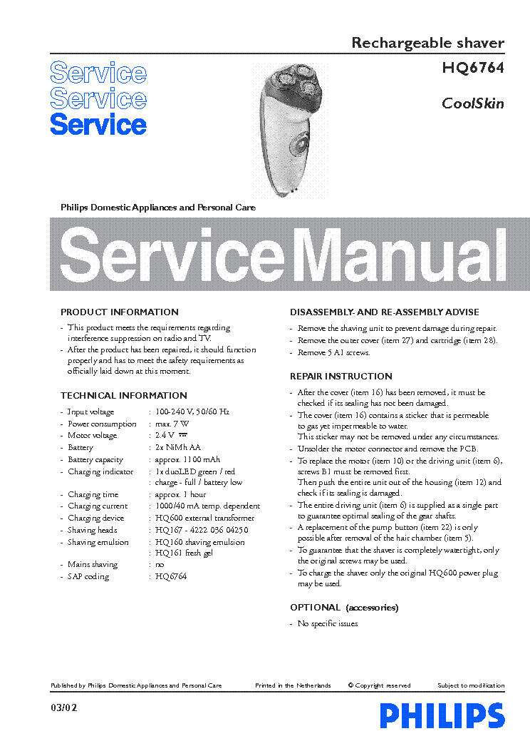 PHILIPS HQ6764 COOLSKIN RECHARGEABLE SHAVER service manual (1st page)