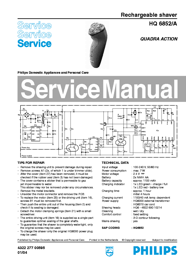 Philips Hq6852a Quadra Action Rechargeable Shaver Service Manual Download Schematics Eeprom Repair Info For Electronics Experts