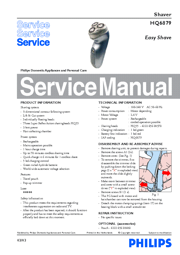 PHILIPS HQ6879 EASY SHAVE service manual (1st page)