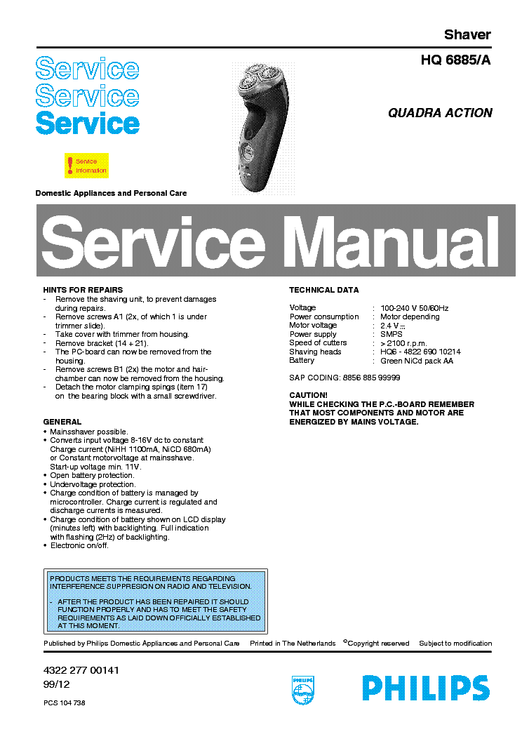 PHILIPS HQ6885A QUADRA ACTION SHAVER service manual (1st page)