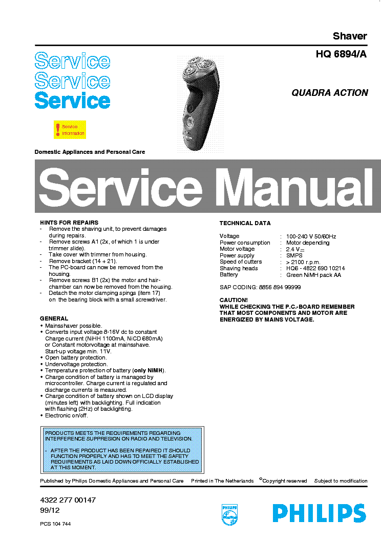 PHILIPS HQ6894A QUADRA ACTION SHAVER service manual