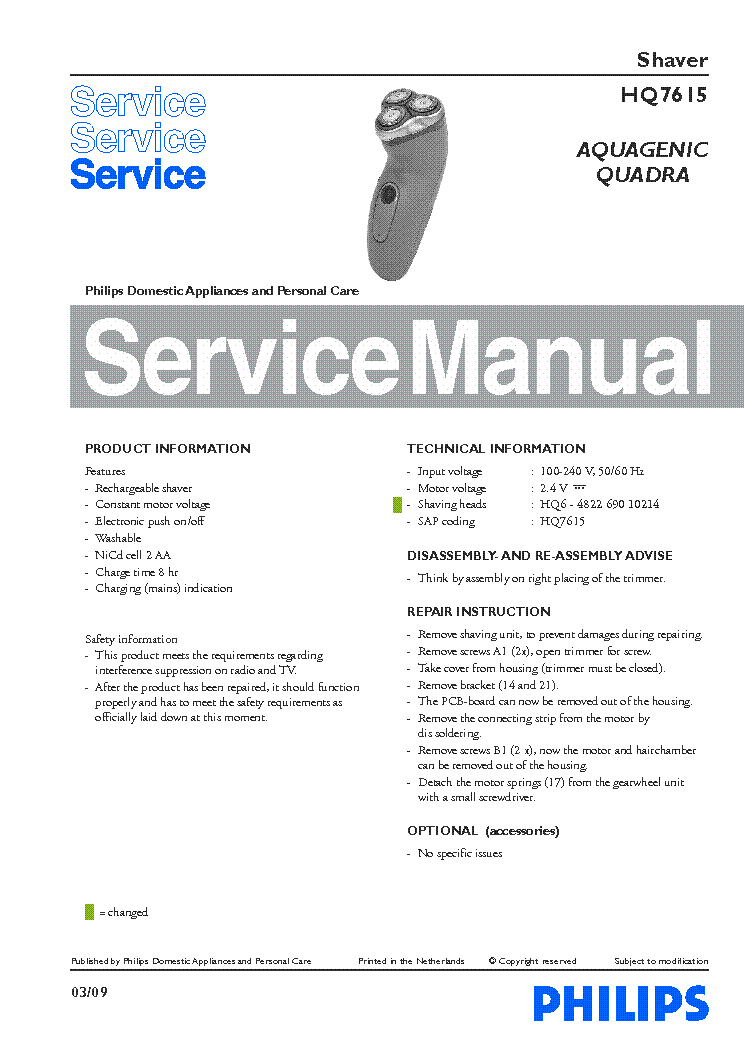 PHILIPS HQ7615 AQUAGENIC QUADRA SHAVER service manual