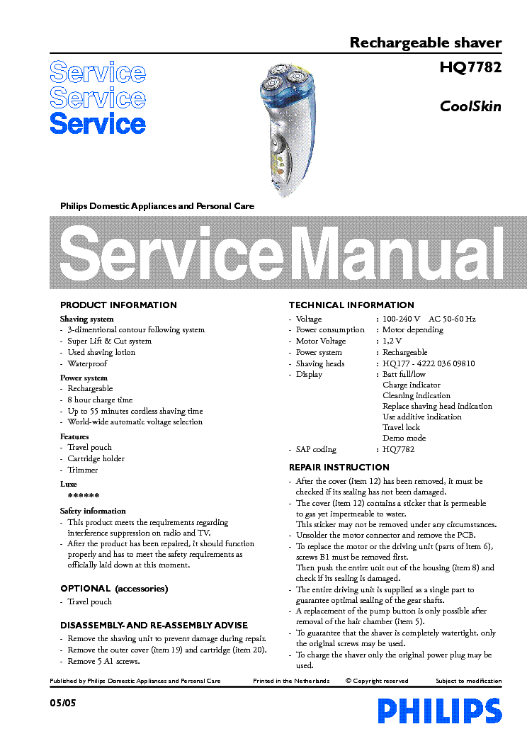 PHILIPS HQ7782 service manual (1st page)
