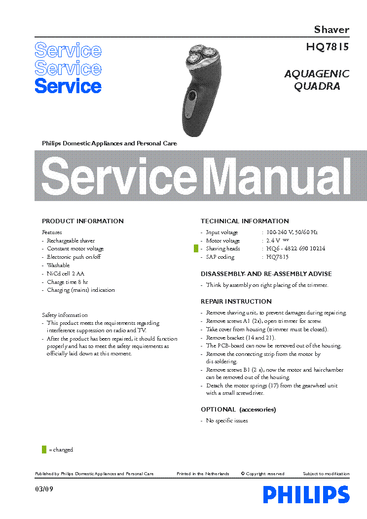 PHILIPS HQ7815 AQUAGENIC QUADRA SHAVER service manual (1st page)