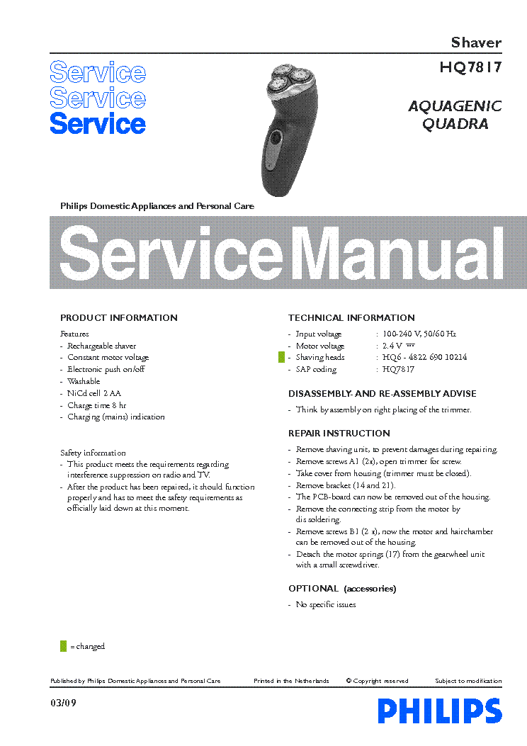 PHILIPS HQ7817 AQUAGENIC QUADRA SHAVER service manual