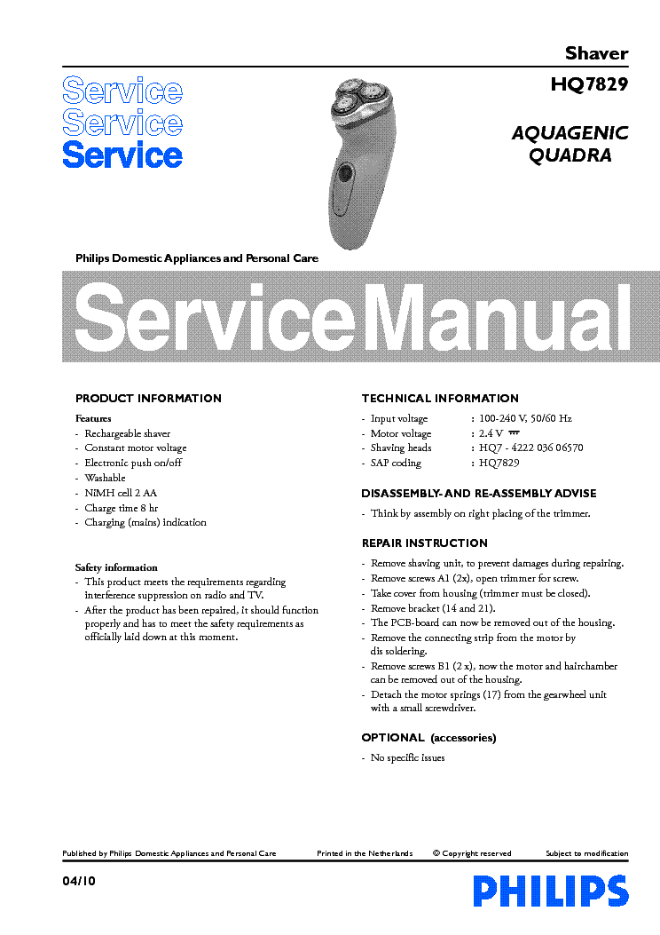 PHILIPS HQ7829 AQUAGENIC QUADRA SHAVER service manual