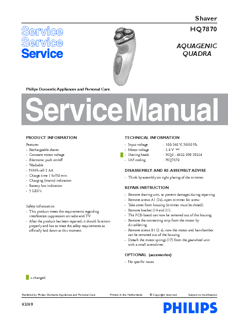 PHILIPS HQ7870 AQUAGENIC QUADRA SHAVER service manual