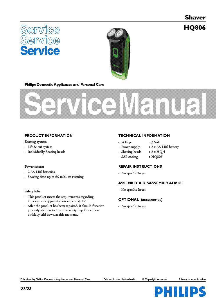 PHILIPS HQ806 SHAVER service manual (1st page)