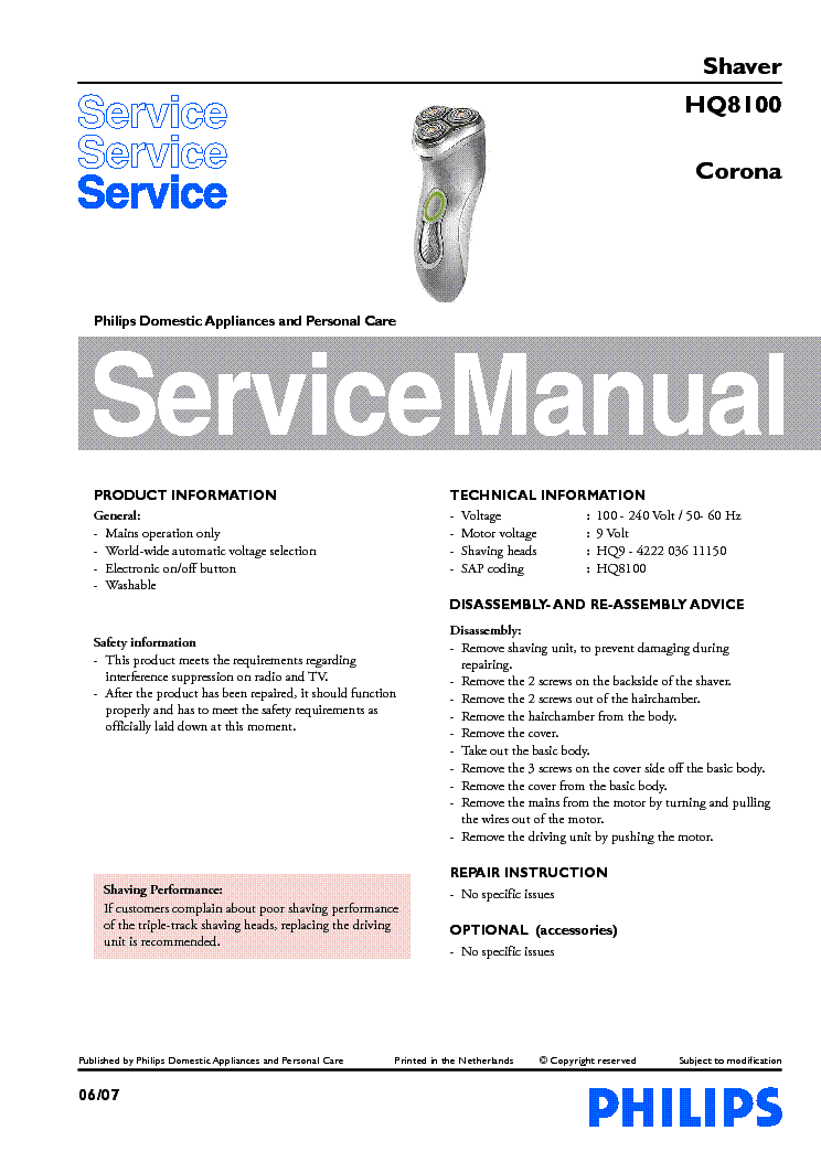 PHILIPS HQ8100-16 CORONA SHAVER service manual (1st page)
