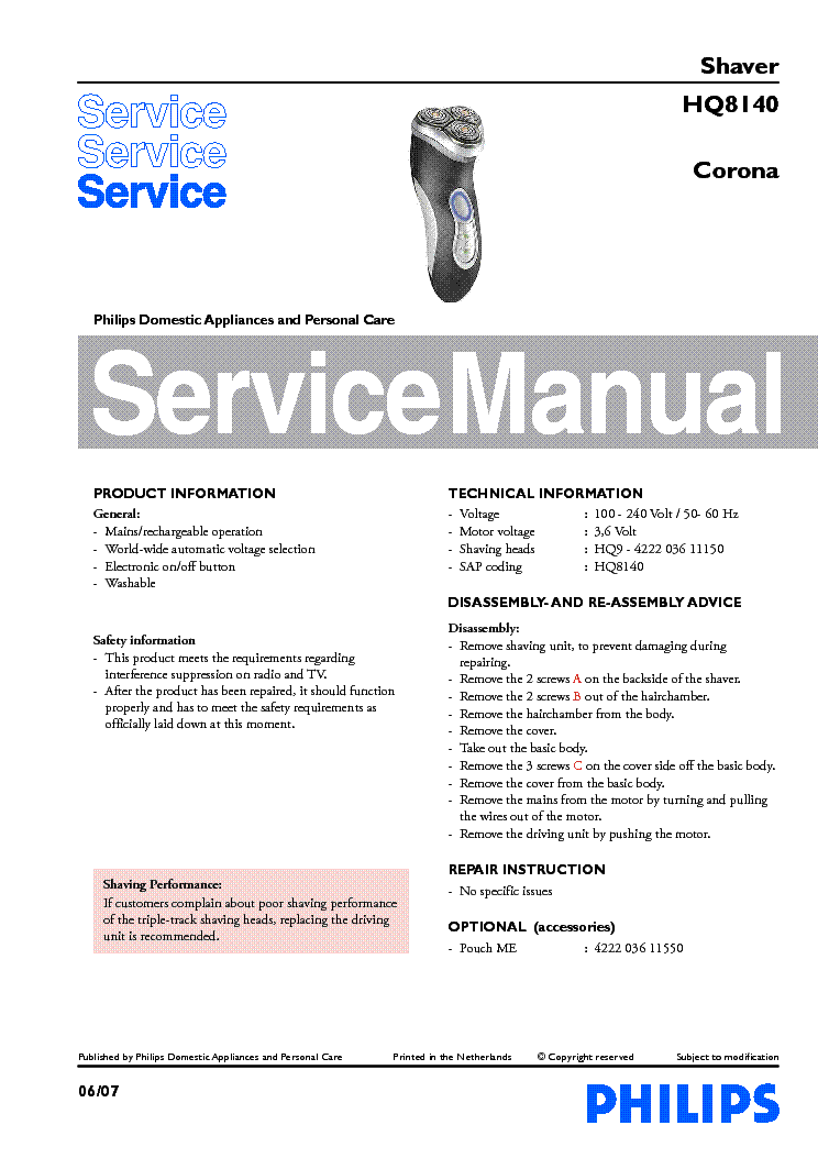 PHILIPS HQ8140-16 CORONA SHAVER service manual (1st page)
