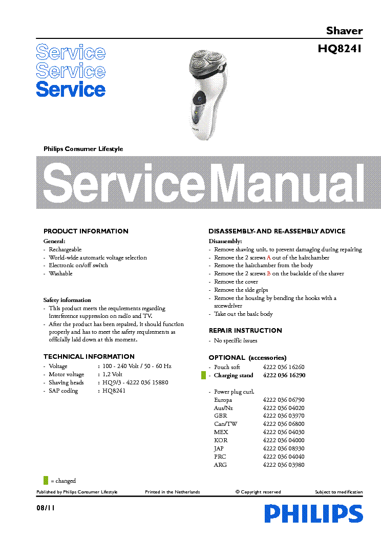 HQ8241 SHAVER Service Manual download, schematics, eeprom, repair info for electronics experts