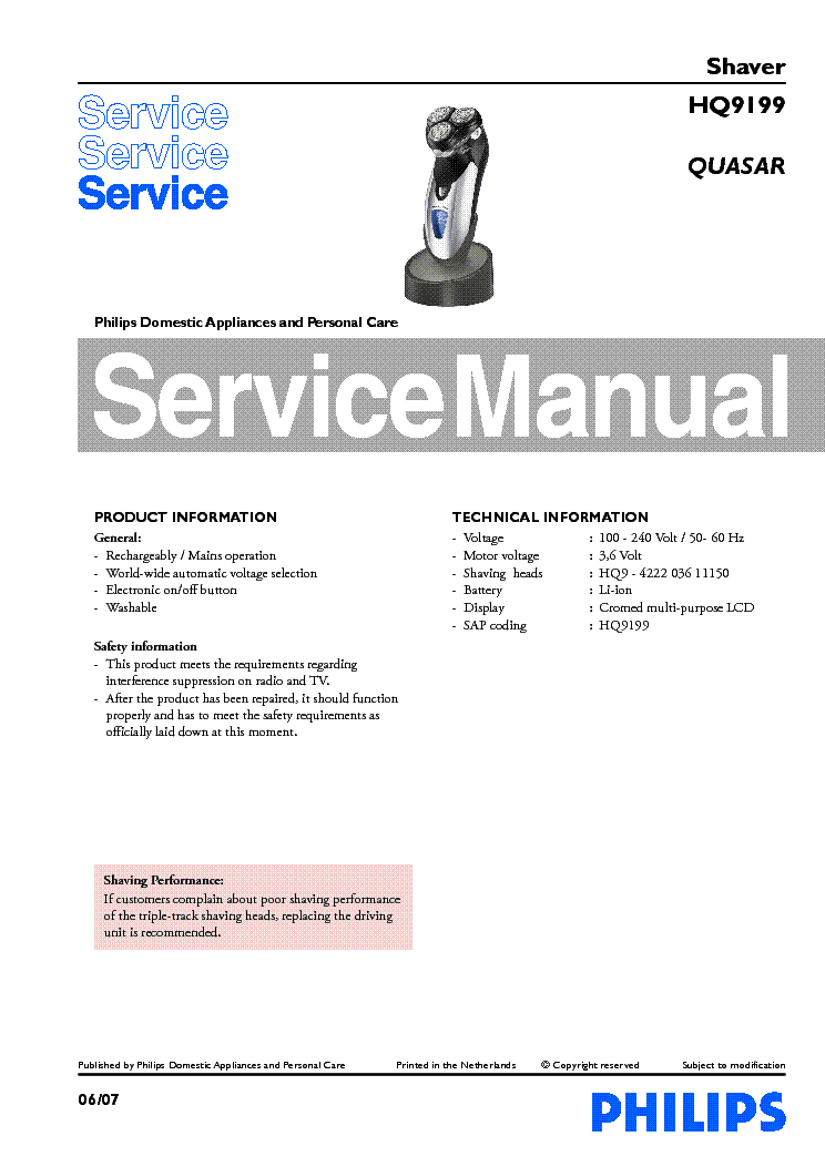 PHILIPS HQ9199 QUASAR SHAVER service manual