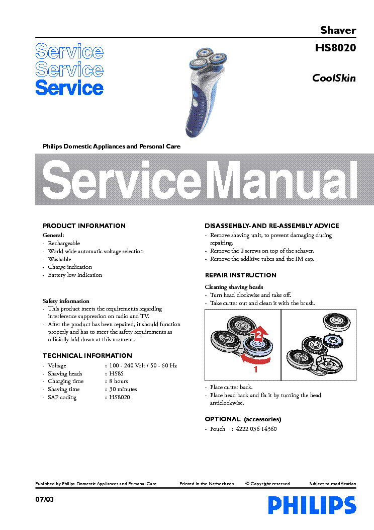 PHILIPS HS8020 COOLSKIN SHAVER service manual (1st page)