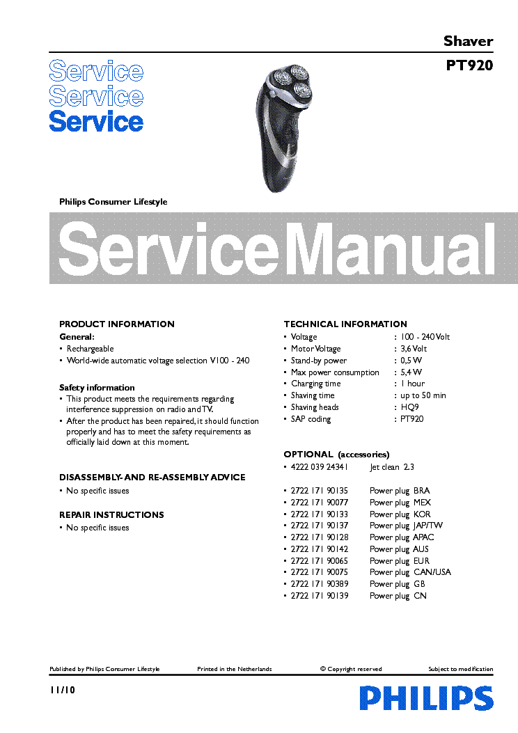PHILIPS PT920 SHAVER service manual (1st page)