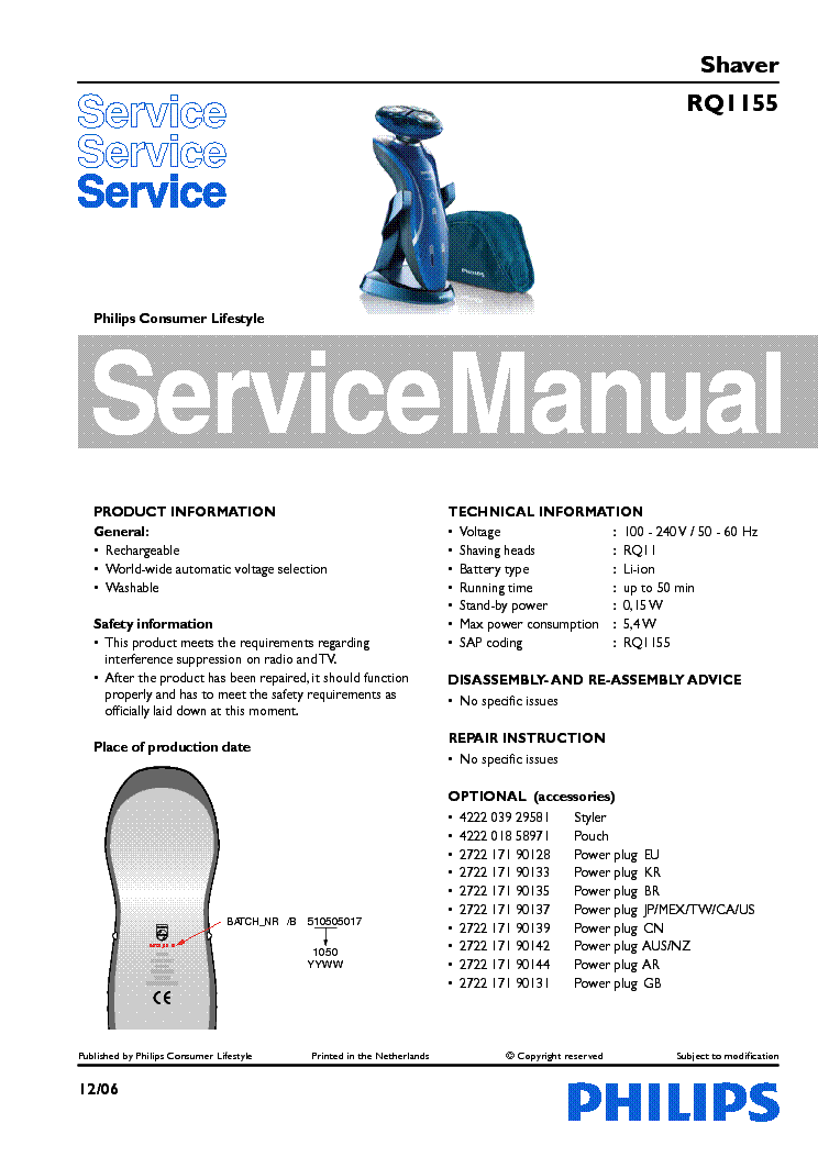 PHILIPS RQ1155 SHAVER service manual (1st page)