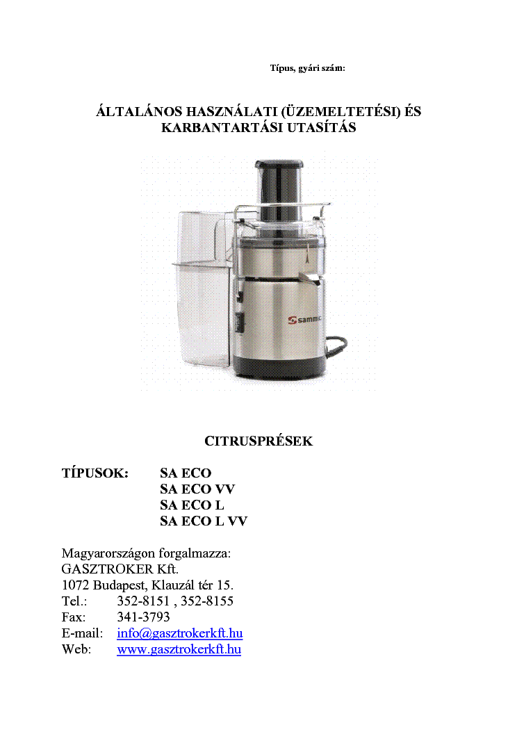 SAECO ECO L VV CITRUSPRES USER HUN service manual