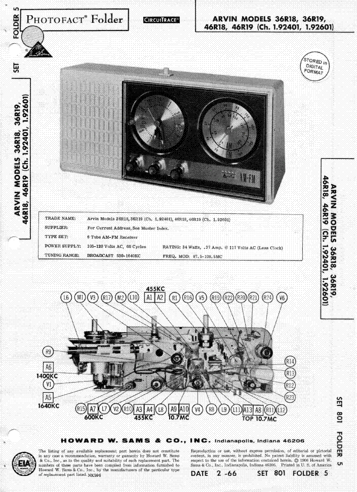ARVIN 36R18, 36R19, 46R18, 46R19, CH 1.92401, 1.92601 service manual (1st page)