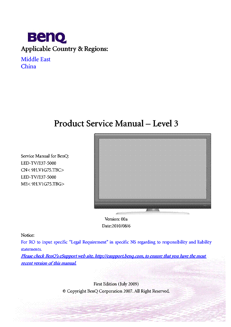 BENQ E37-5000 VER.00A LEVEL3 LED TV service manual