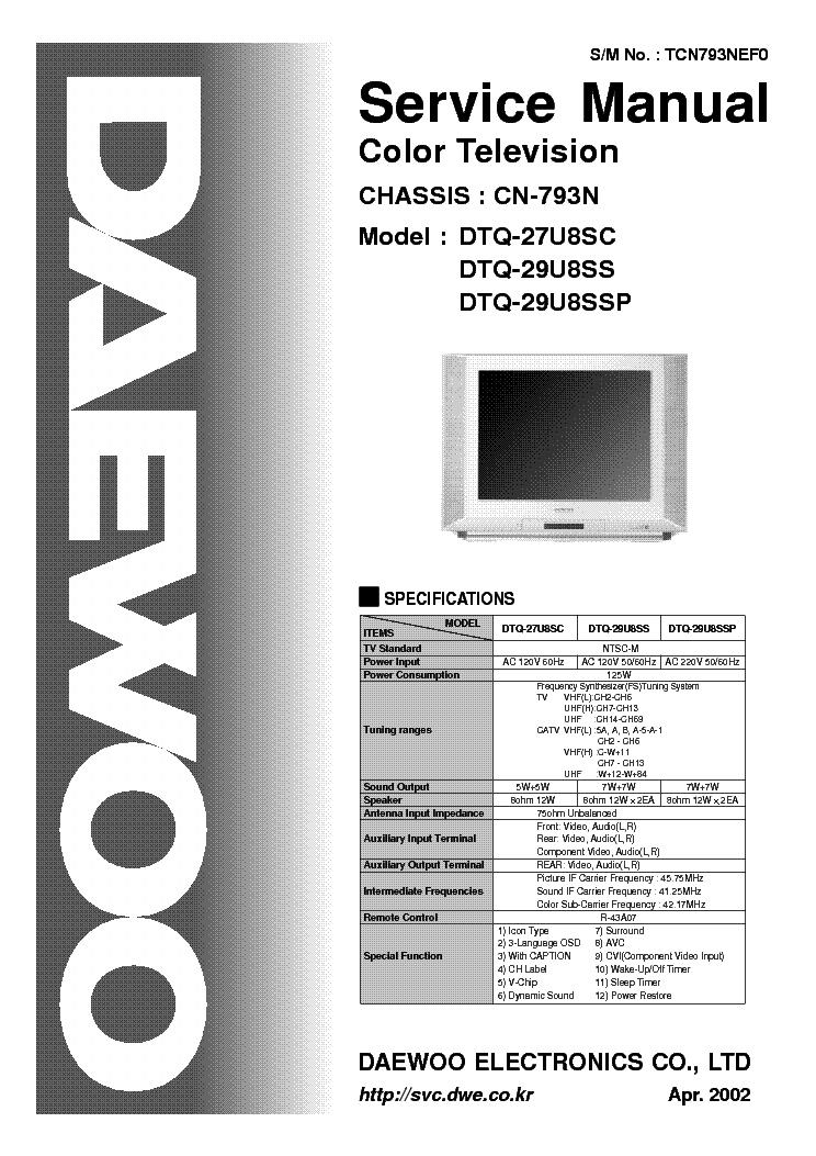 DAEWOO CHASSIS CN-793N DTQ-27U8SC 29U8SS 29U8SSP Service Manual ...