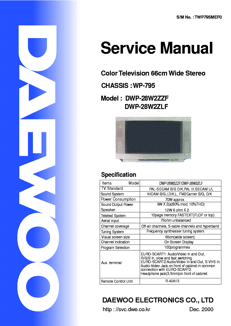 DAEWOO CHASSIS WP-795 Service Manual download, schematics, eeprom ...