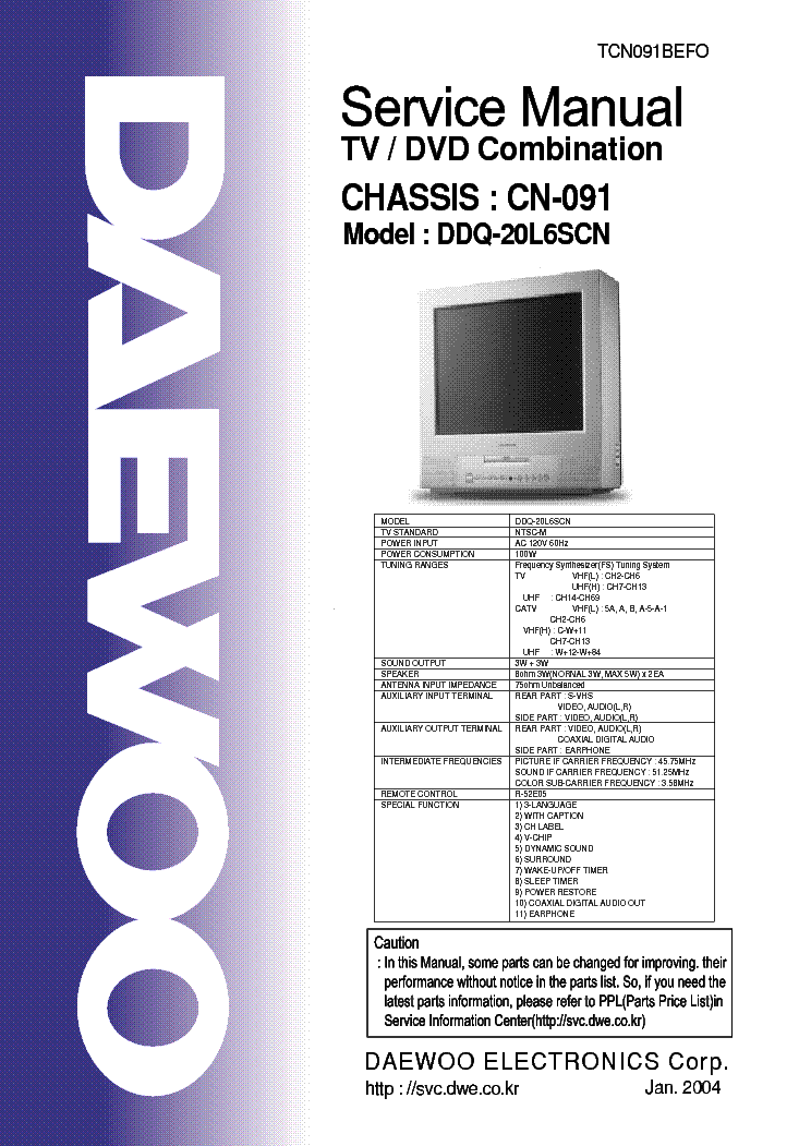 DAEWOO CN091 CHASSIS DDQ20L6SCN TV-DVD SM Service Manual download ...